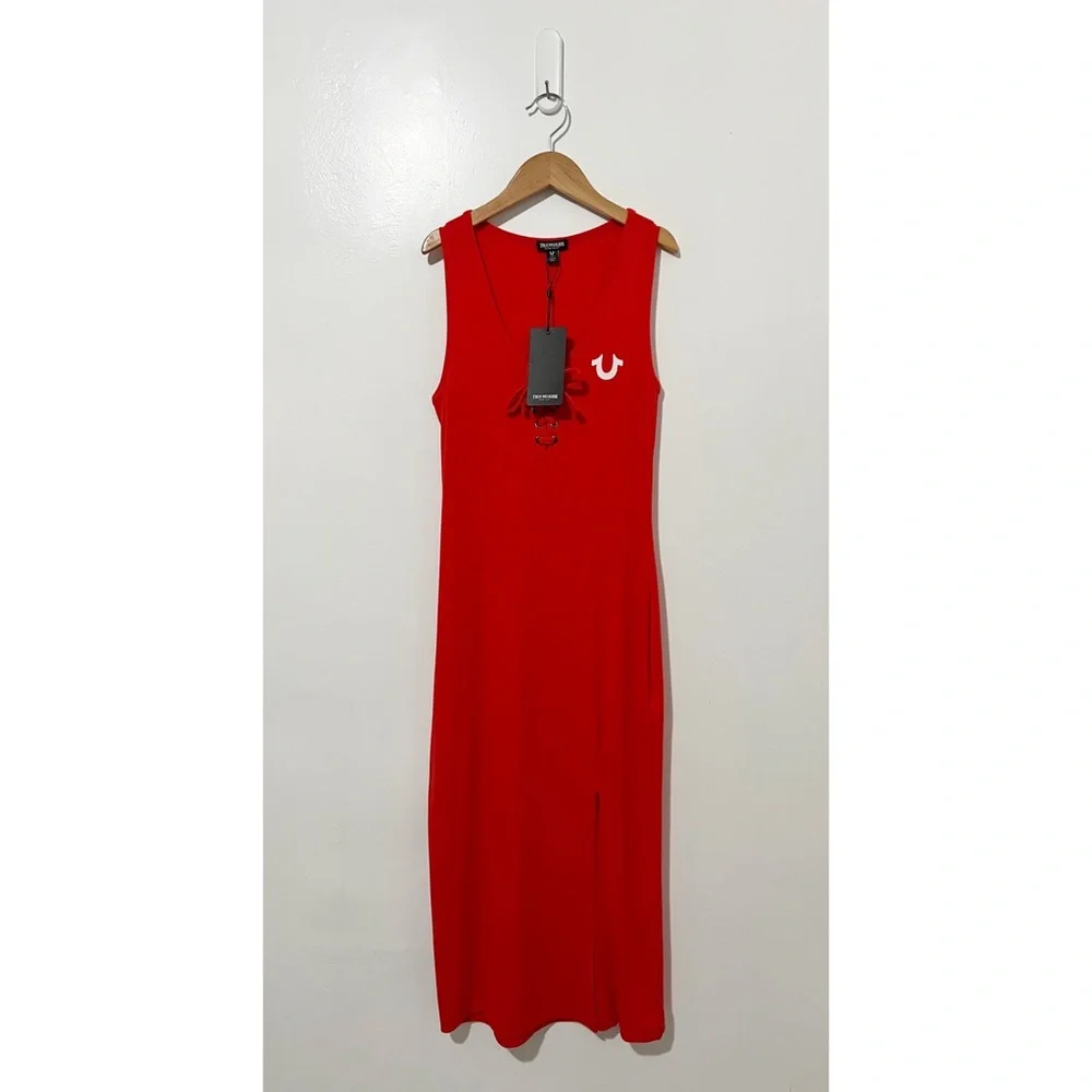 True Religion Red Horseshoe Logo Lace Up Midi Dress Size Small - Picture 2 of 8